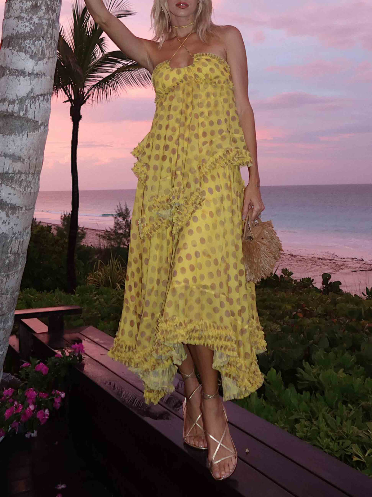 Exquisite Halter Polka Dot Chiffon Maxi Dress