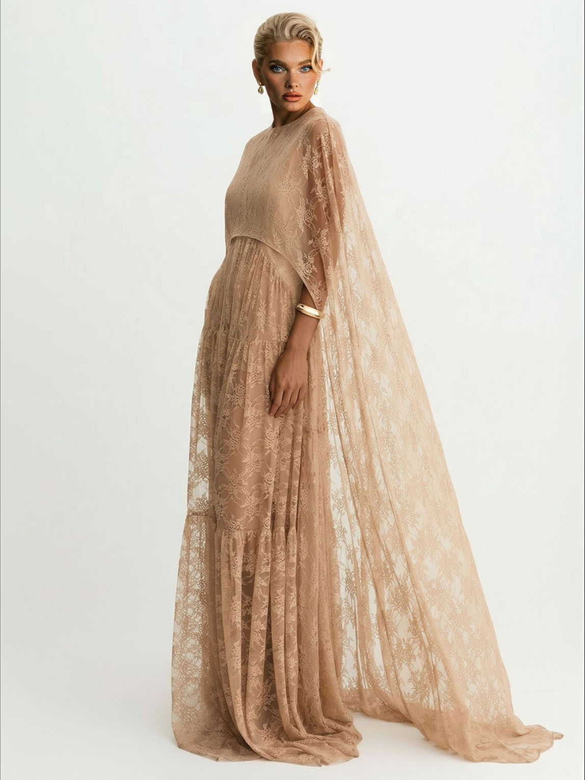 Elegant Tulle Lace Shawl Sleeve Maxi Dress