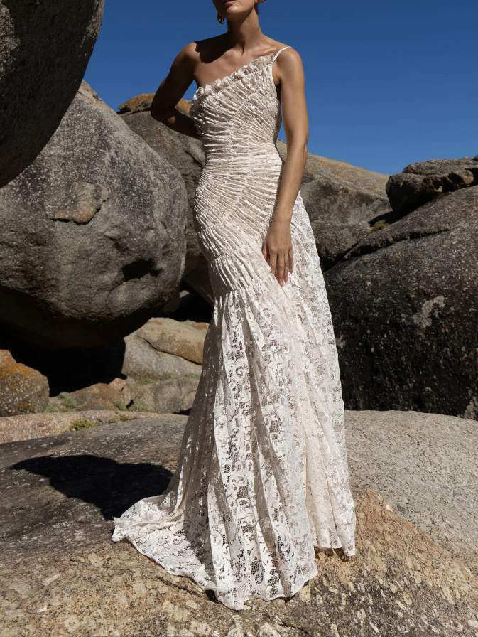 Elegant One-Shoulder Pleated Lace Maxi Dress