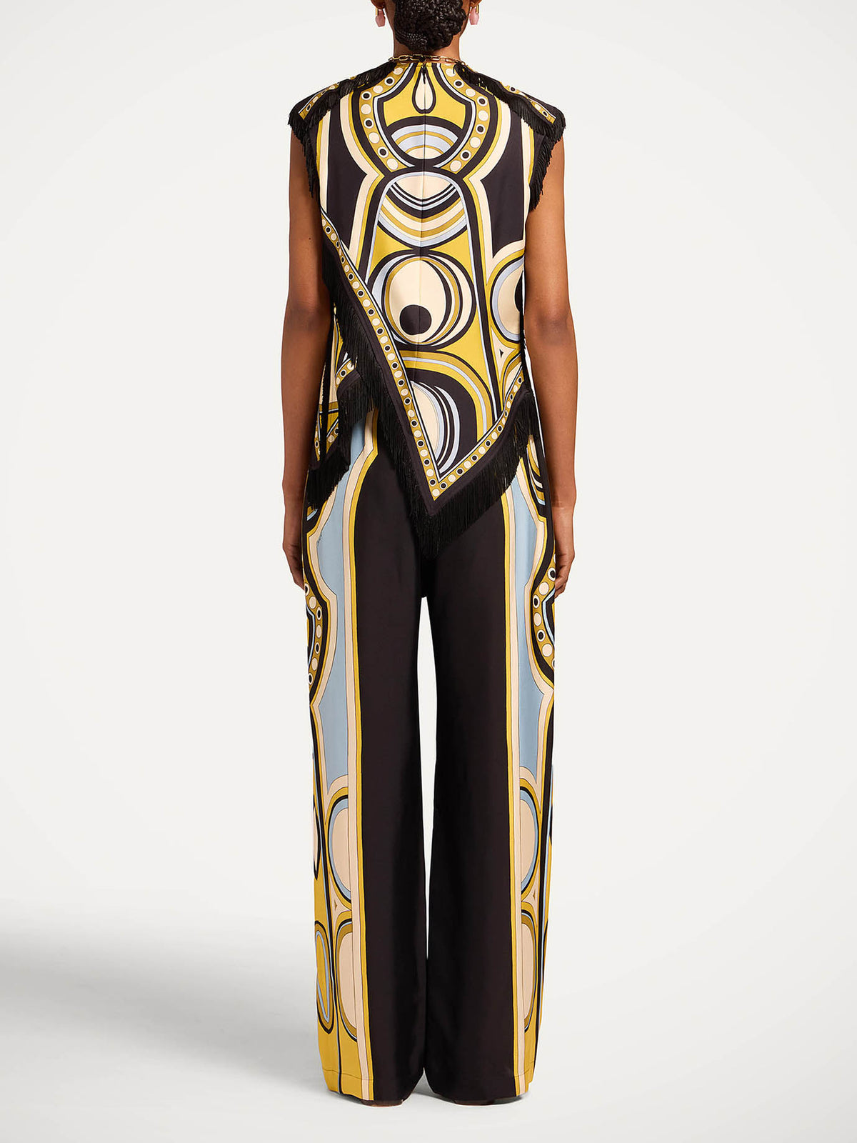 Retro Geometric Print Fringe Top & Wide Leg Pants Two-Piece Set