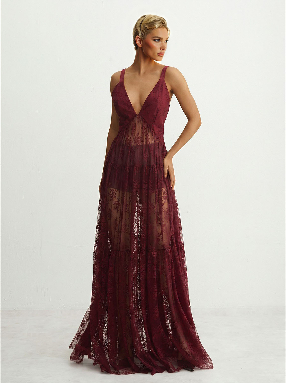 Elegant Lace Deep V-neck Tulle Maxi Dress