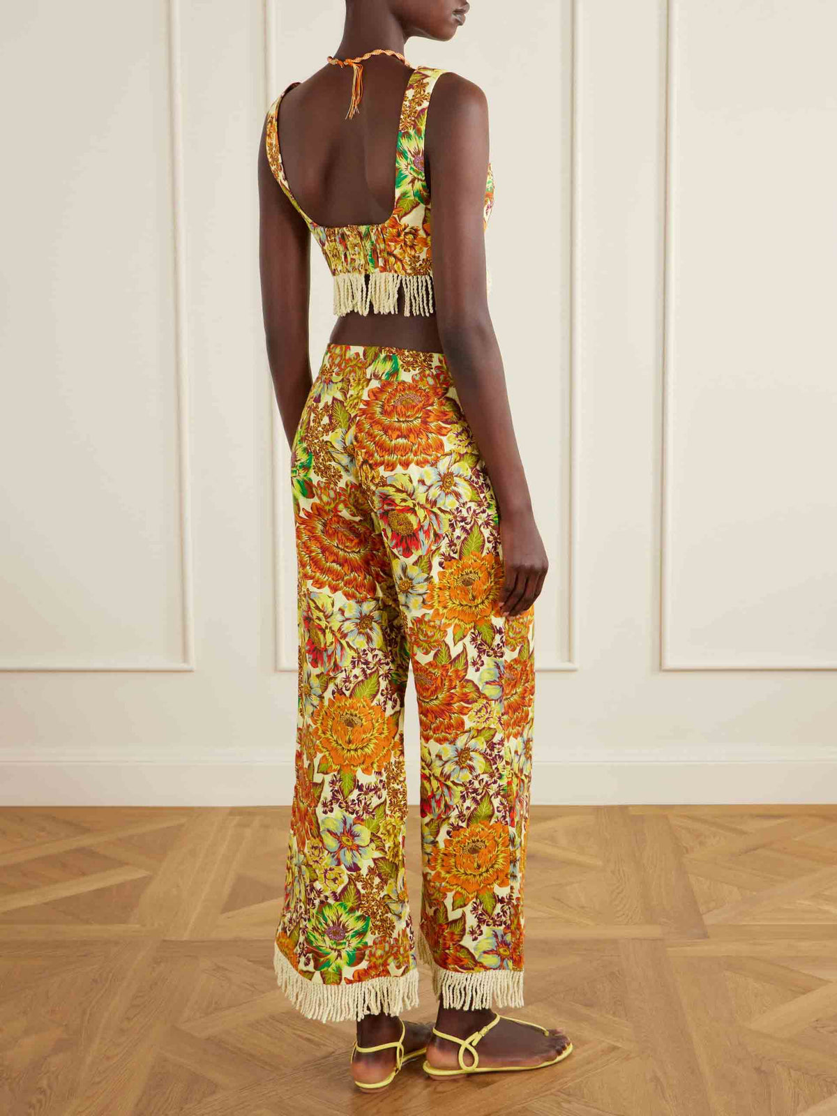 Retro Print Fringe Crop Top & Pants Set
