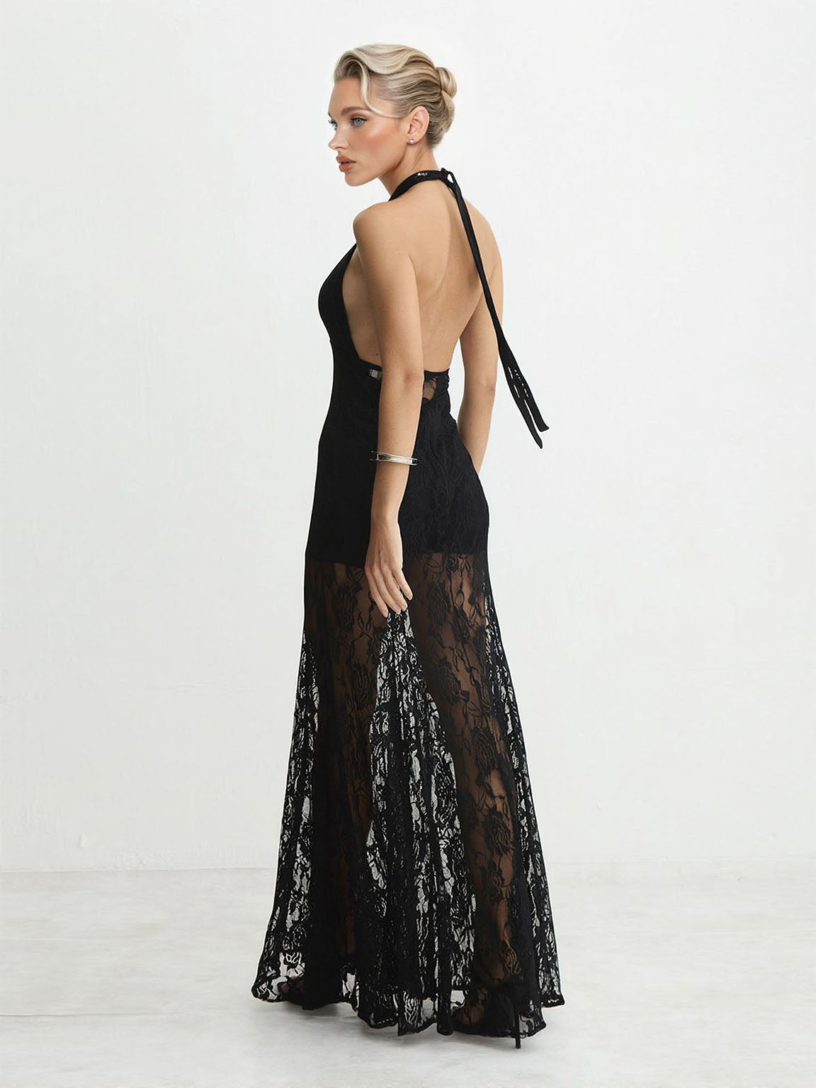 Sexy Plunge Halter Neck Black Lace See-Through Maxi Dress-Likemychoice