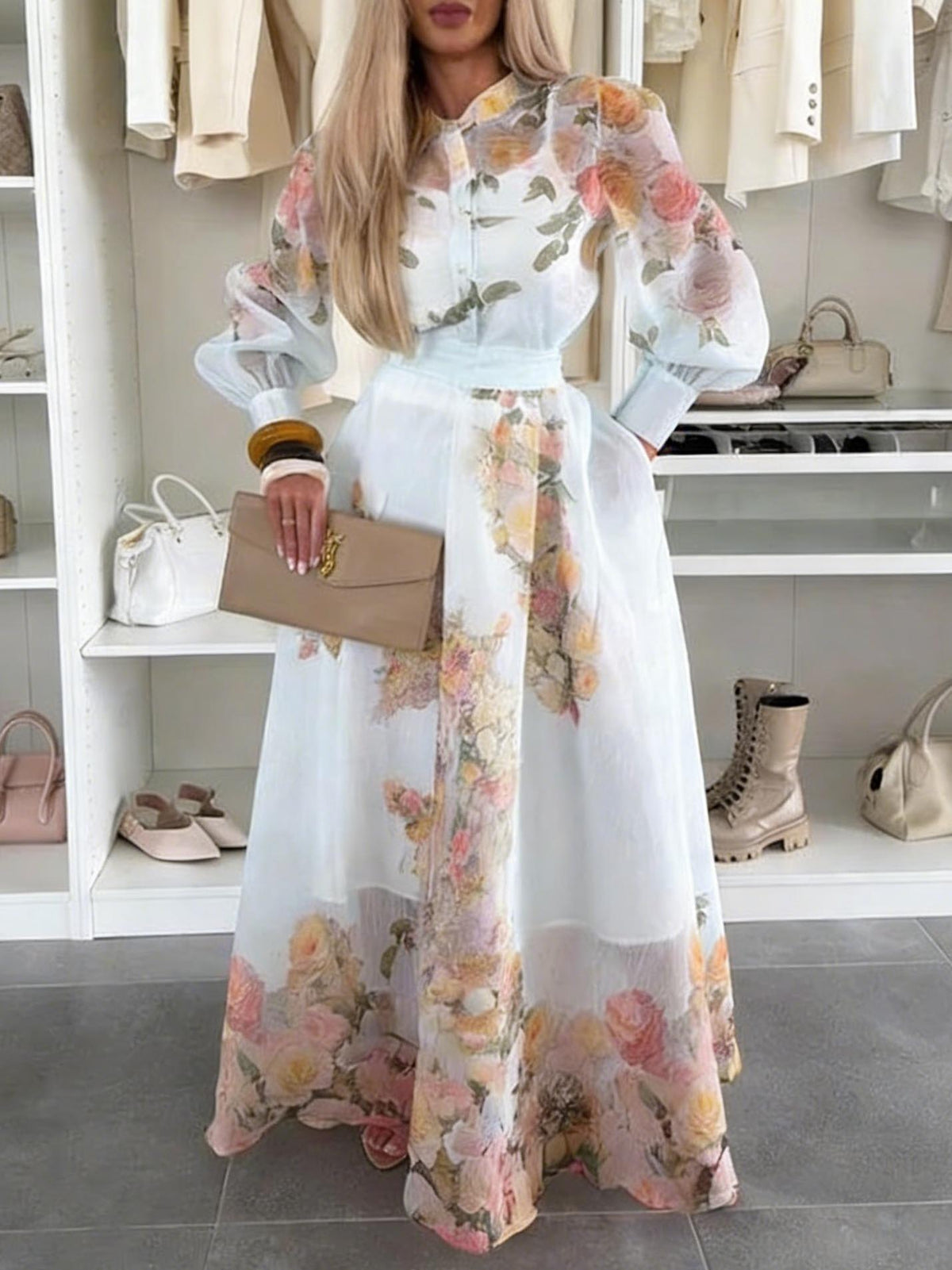Elegant Sheer Floral Print Top & Skirt Two-Piece Set