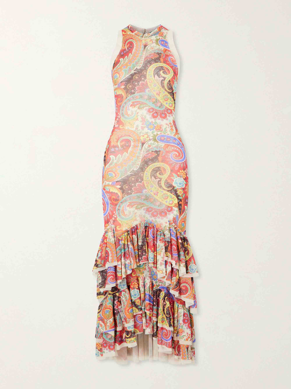 Colorful Paisley Print Ruffled Hem Halter Midi Dress