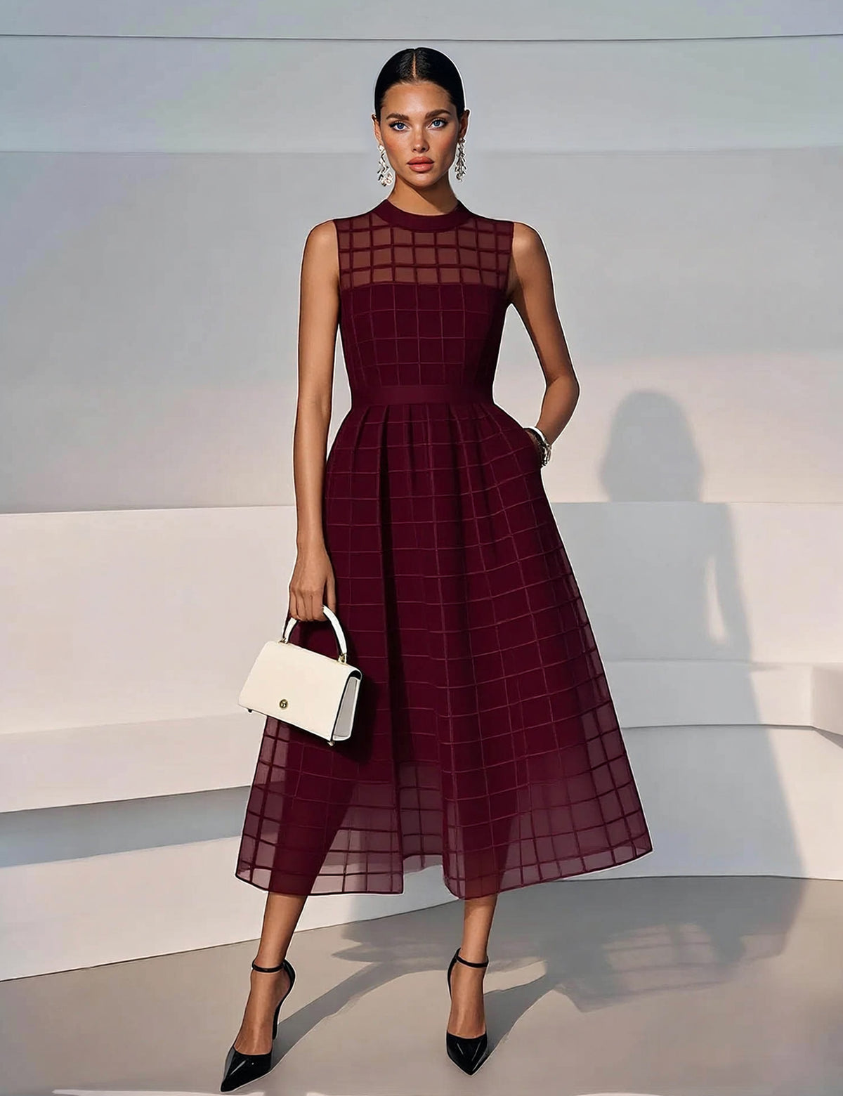 Elegant Sheer Mesh Pattern Midi Dress