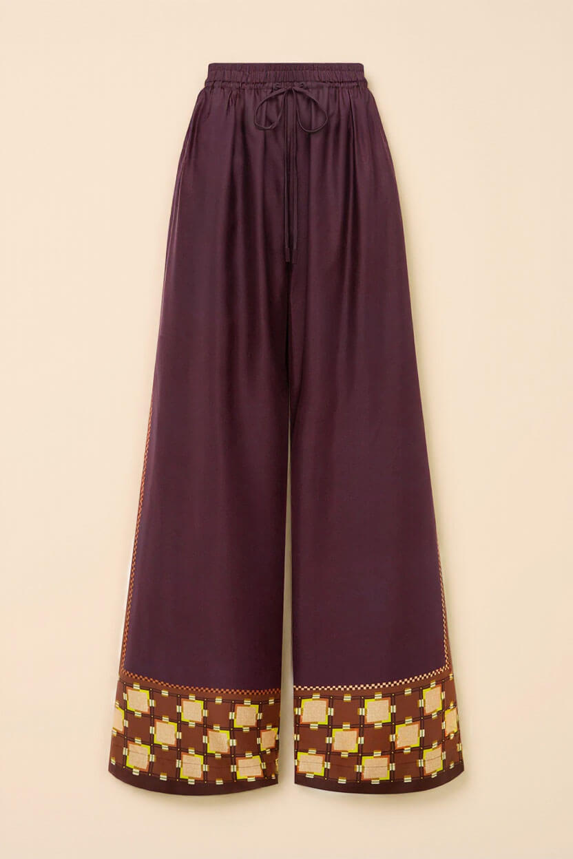 Unique Paisley Color-Block Satin Elastic Waist Wide-Leg Pants
