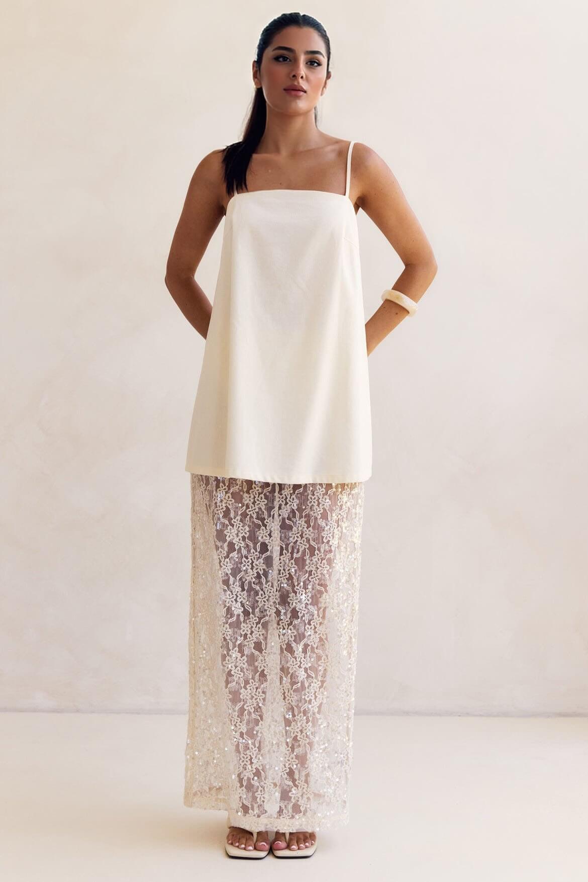 Elegant Sheer Sequin Lace High-Waist Maxi Skirt
