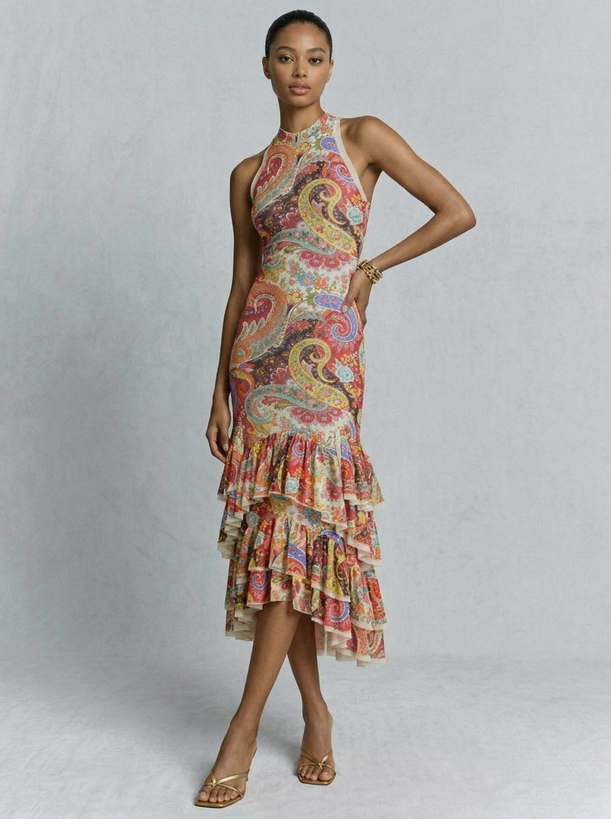Colorful Paisley Print Ruffled Hem Halter Midi Dress