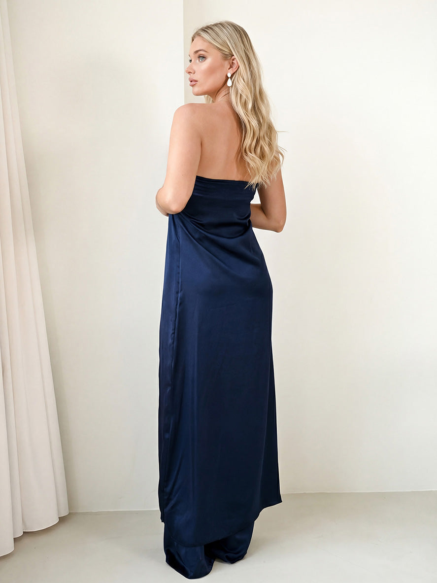 Elegant Strapless Satin Top & Pants Two-Piece Set
