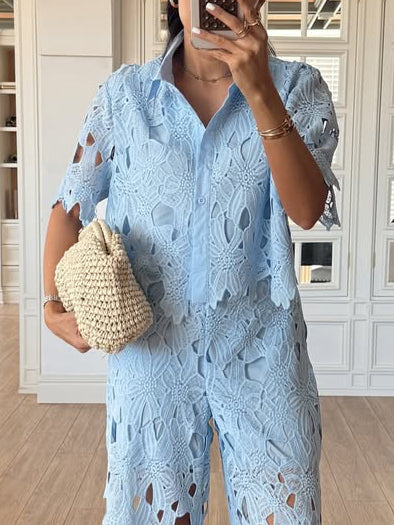 Casual Cutout Lace Shirt & Wide-Leg Pants Two-Piece Set