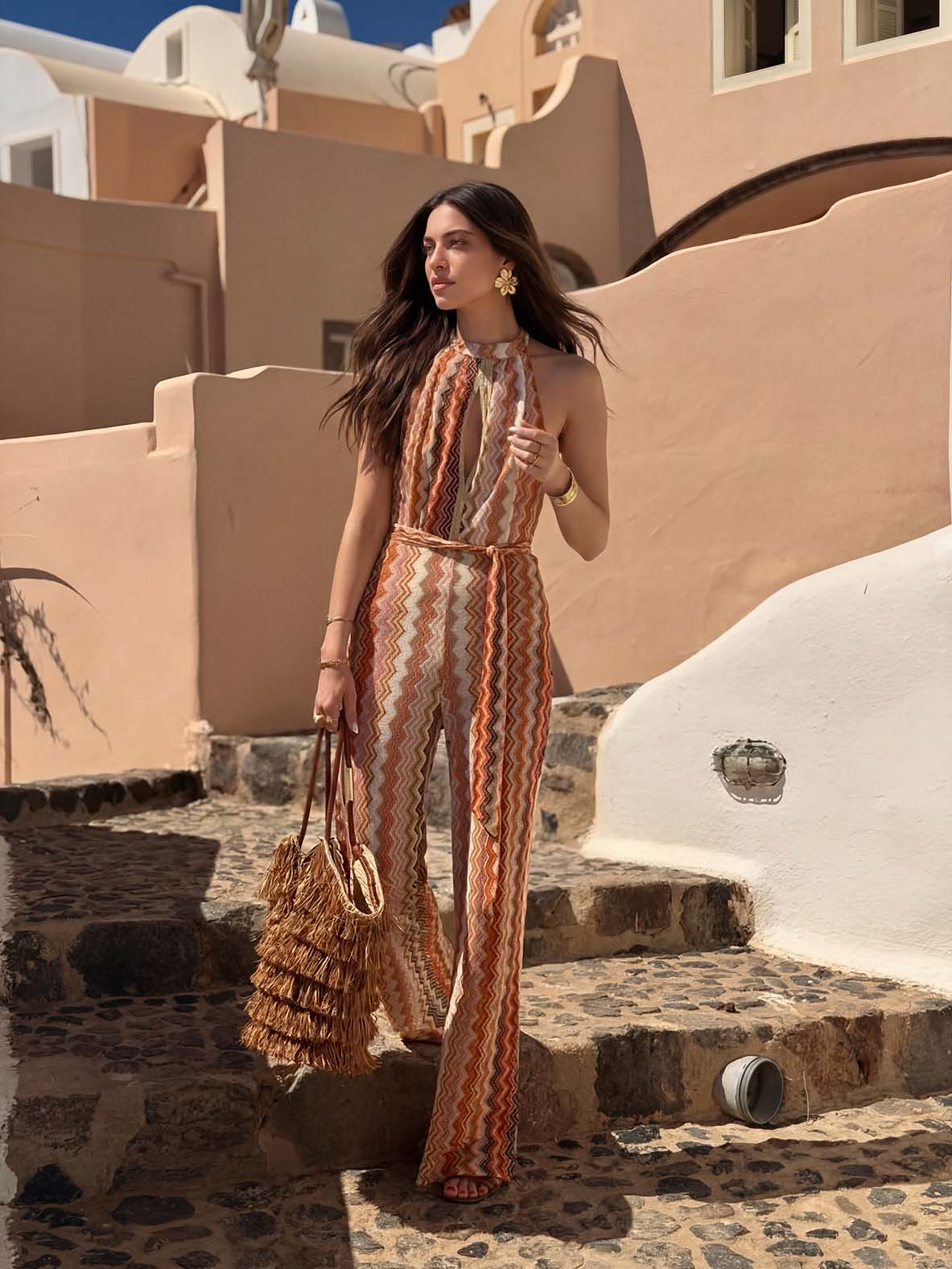 Casual Wave Print Halter Neck Jumpsuit