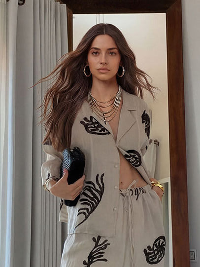 Exquisite Tropical Leaf Print Shirt & Pants Two-Piece Set