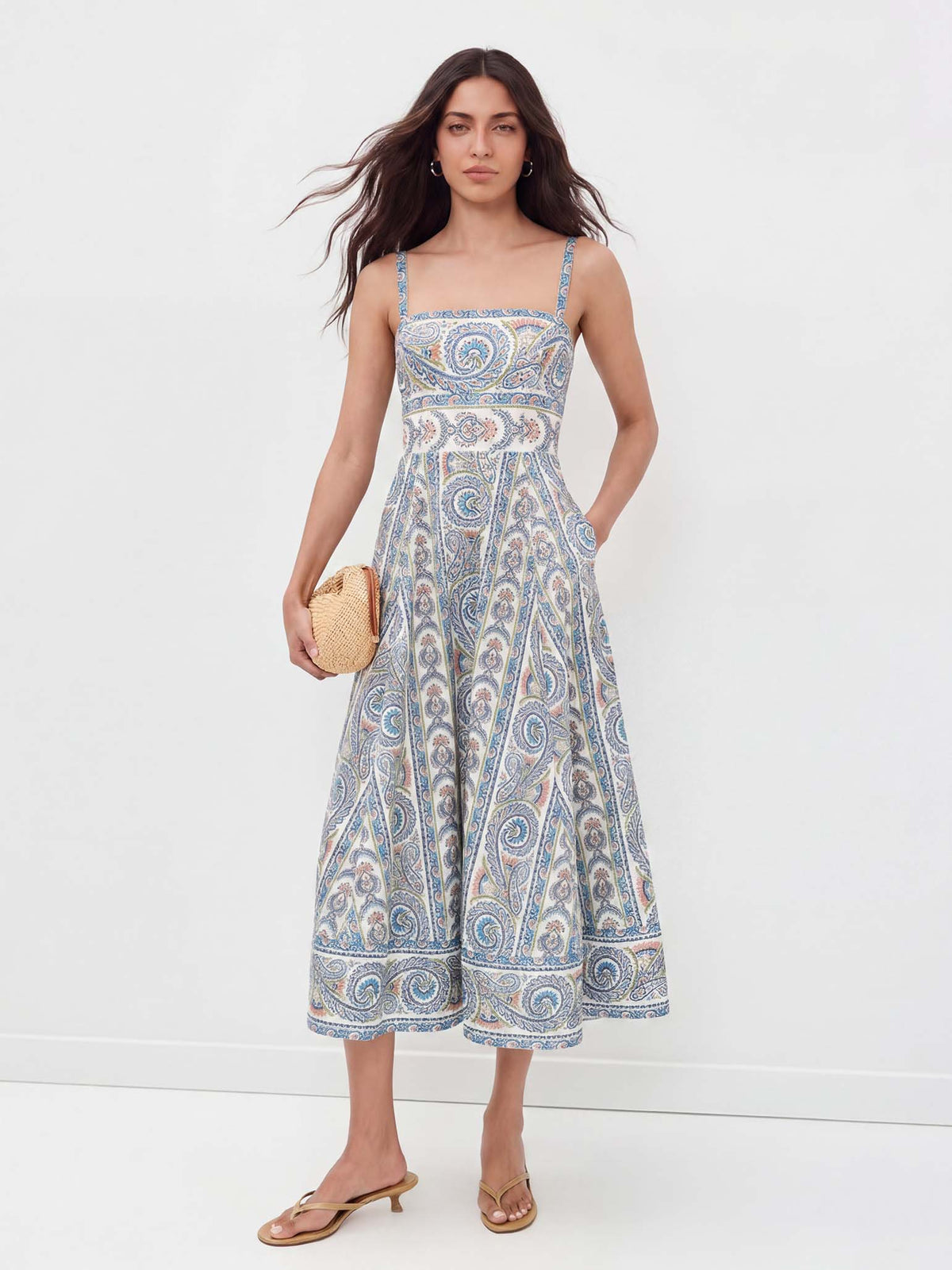 Bohemian Paisley Print Square Neck Midi Dress