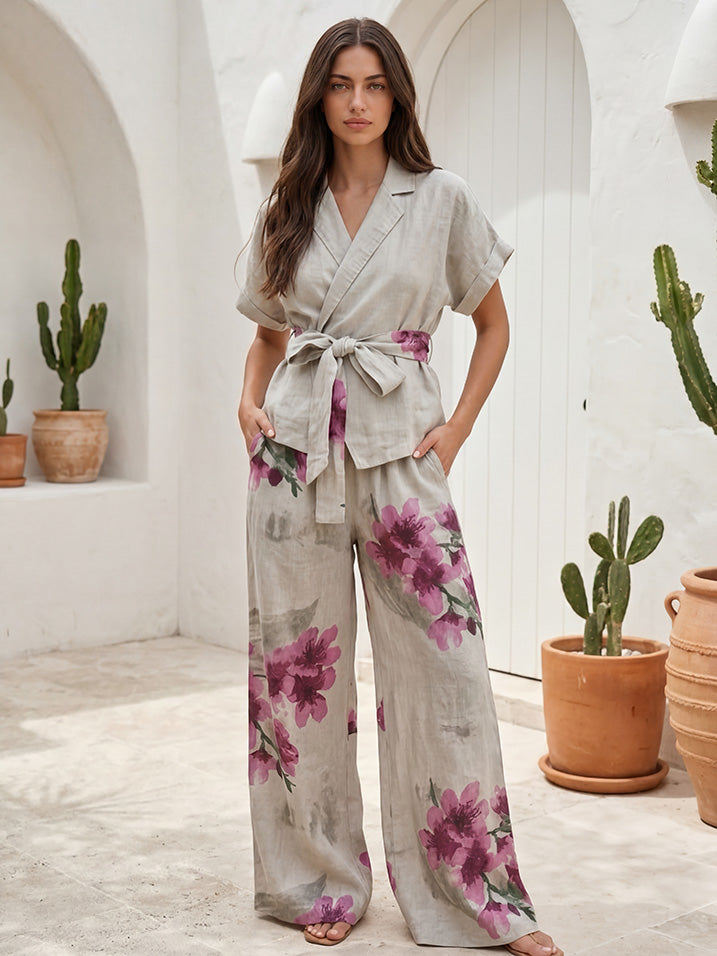 Casual Wrap Top & Floral Print Wide-Leg Pants Two-Piece Set