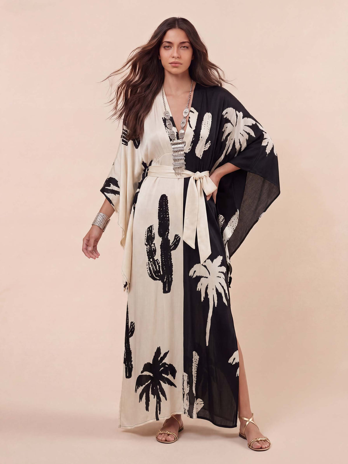 Bohemian Palm Print Colorblock Kaftan Maxi Dress