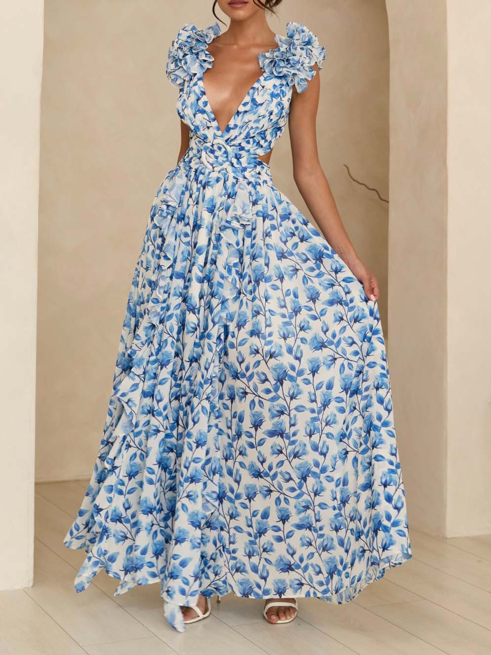 Elegant Floral Print Cut-Out Maxi Dress