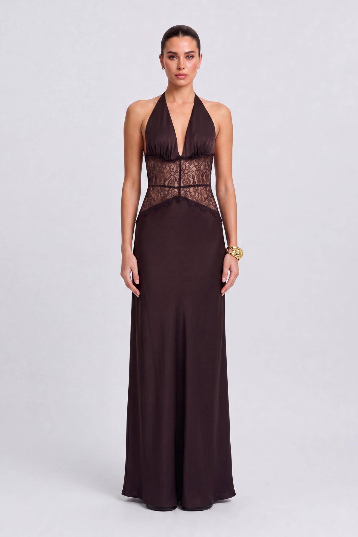 Lace Cut-Out Backless Neck Satin Long Dress