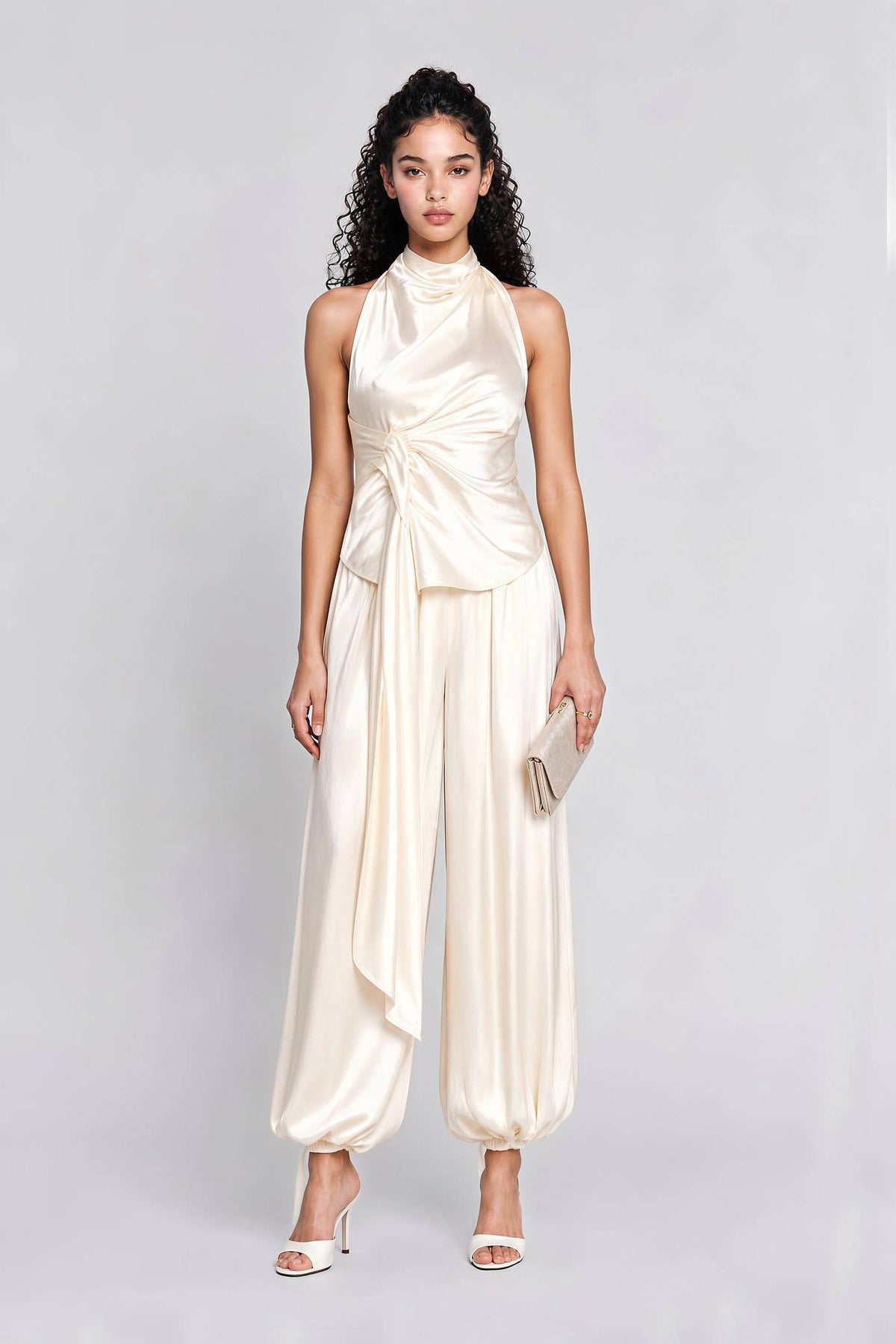 Cream Satin Halter Neck Two-Piece Set - Backless Draped Top & Wide-Leg Pants Elegant Evening Outfit For Wedding, Gala & Party