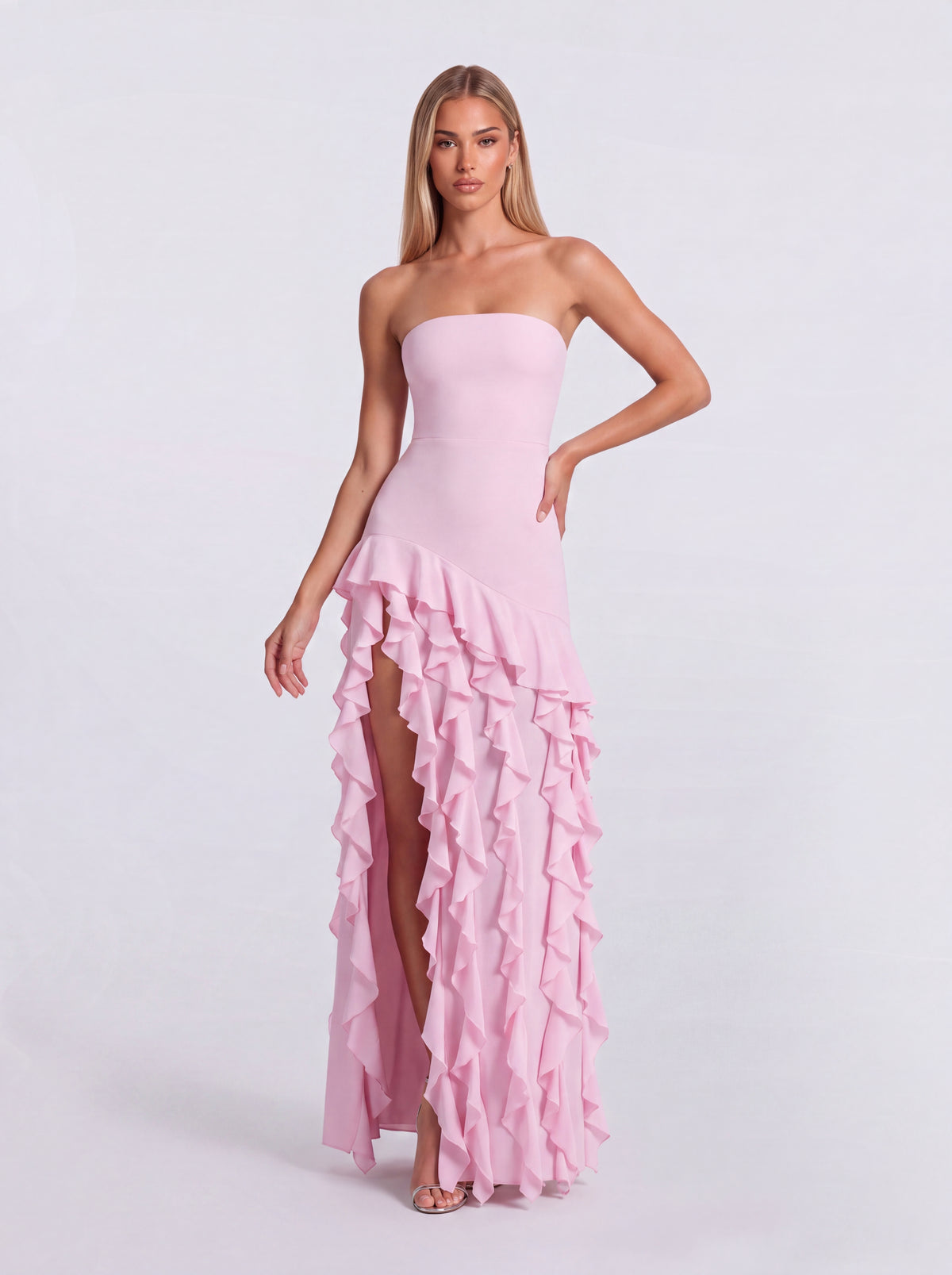 Strapless Ruffled High Split Slim-Fit Long Dress