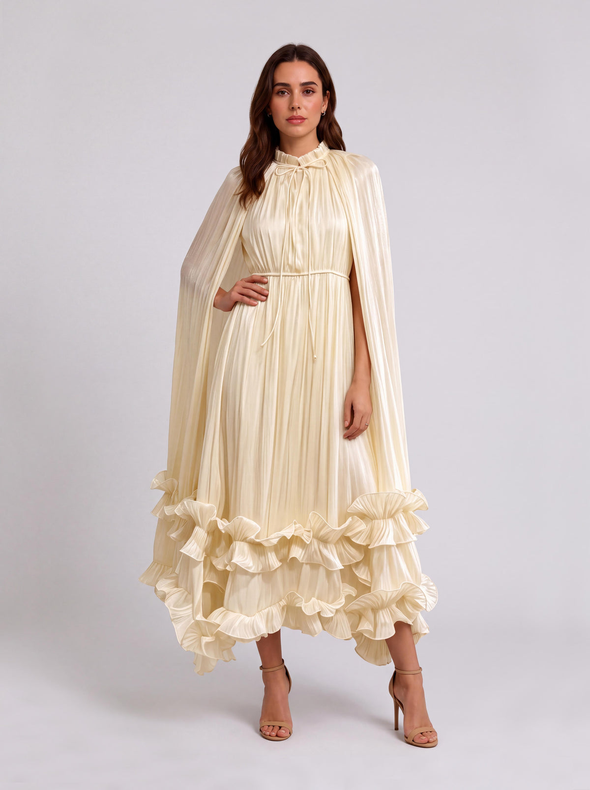 Cloak-sleeved, Stand-collar Midi Dress With Layered Ruffled Frills And A Tie-cinched Waist