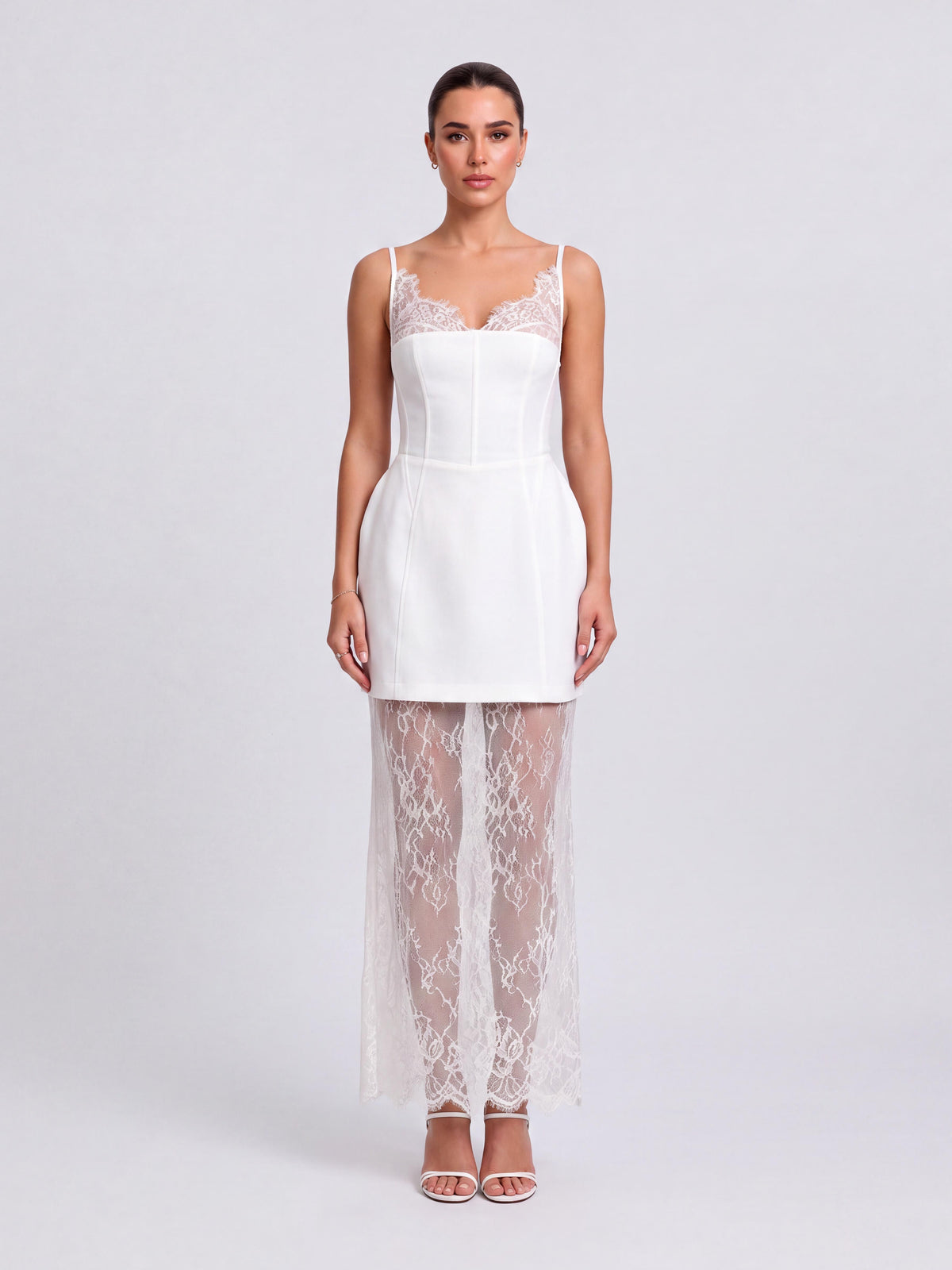 Belted Lace Sling Long And Short Perspective Layered Dress Two-Piece Set
