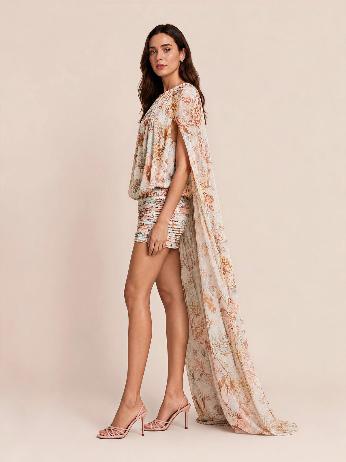 Vintage Chiffon Floral Cape Sleeve Dress