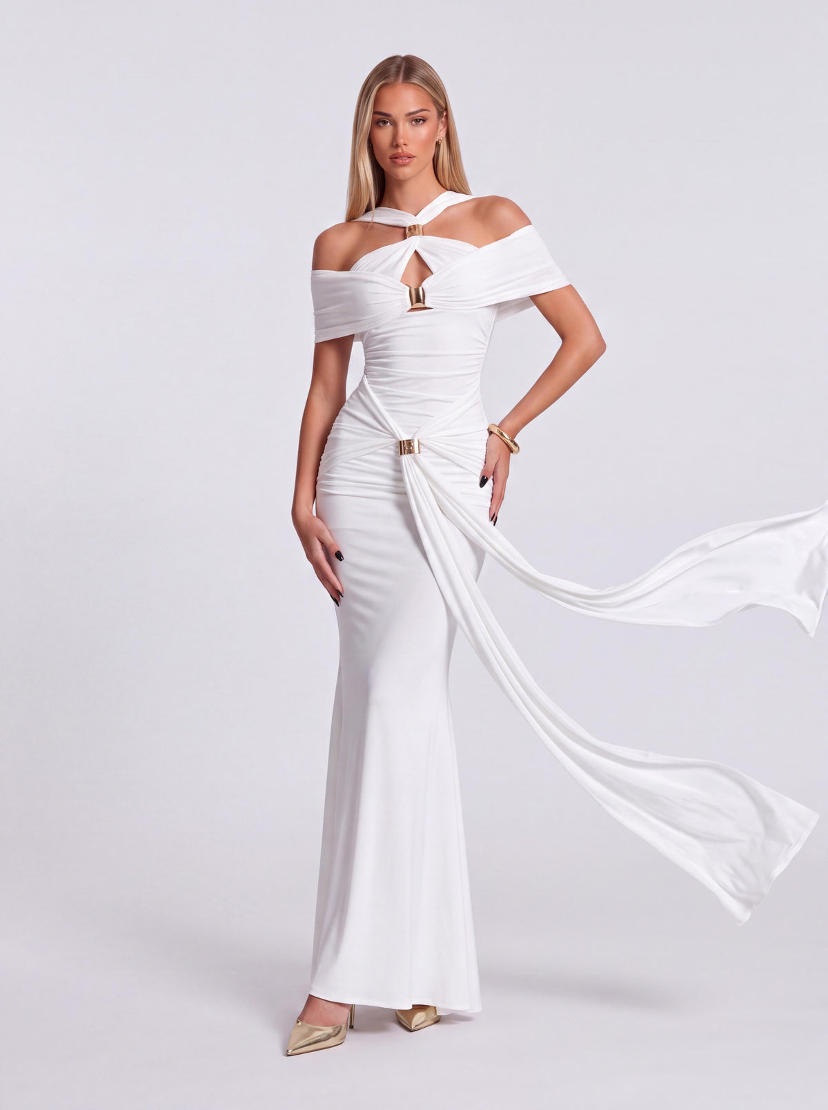 Halter-Strap Open-Shoulder Pleated Fishtail Dress