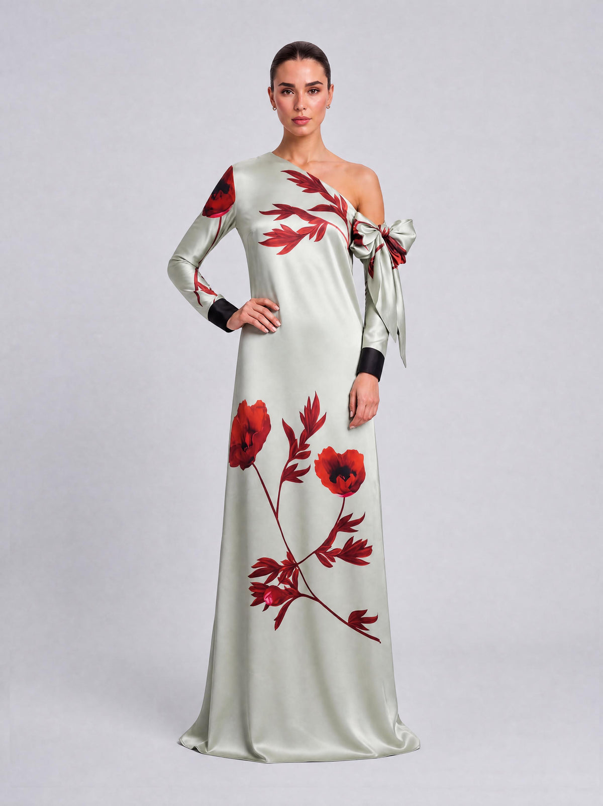Scarlet-Shoulder Bow Satin Print Long Evening Gown