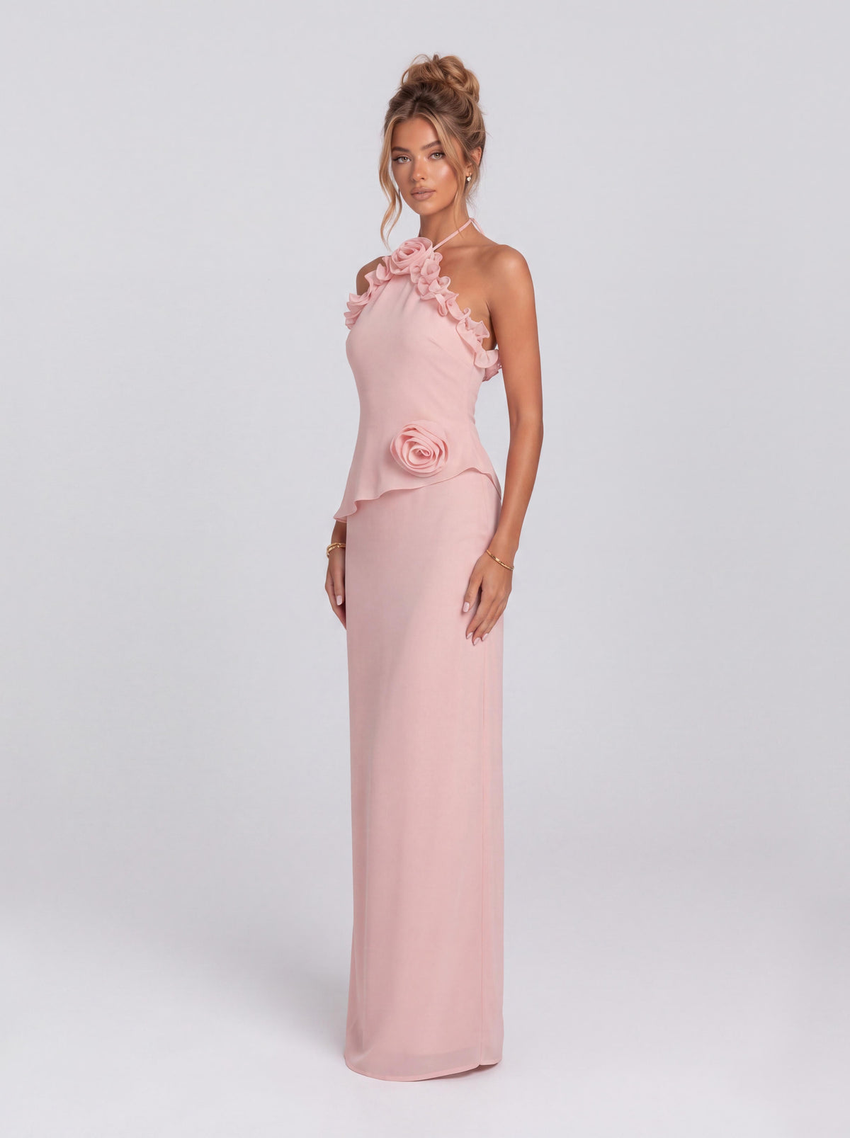 Pink Three-Dimensional Rose Neck Slim-Fit Long Banquet Dress