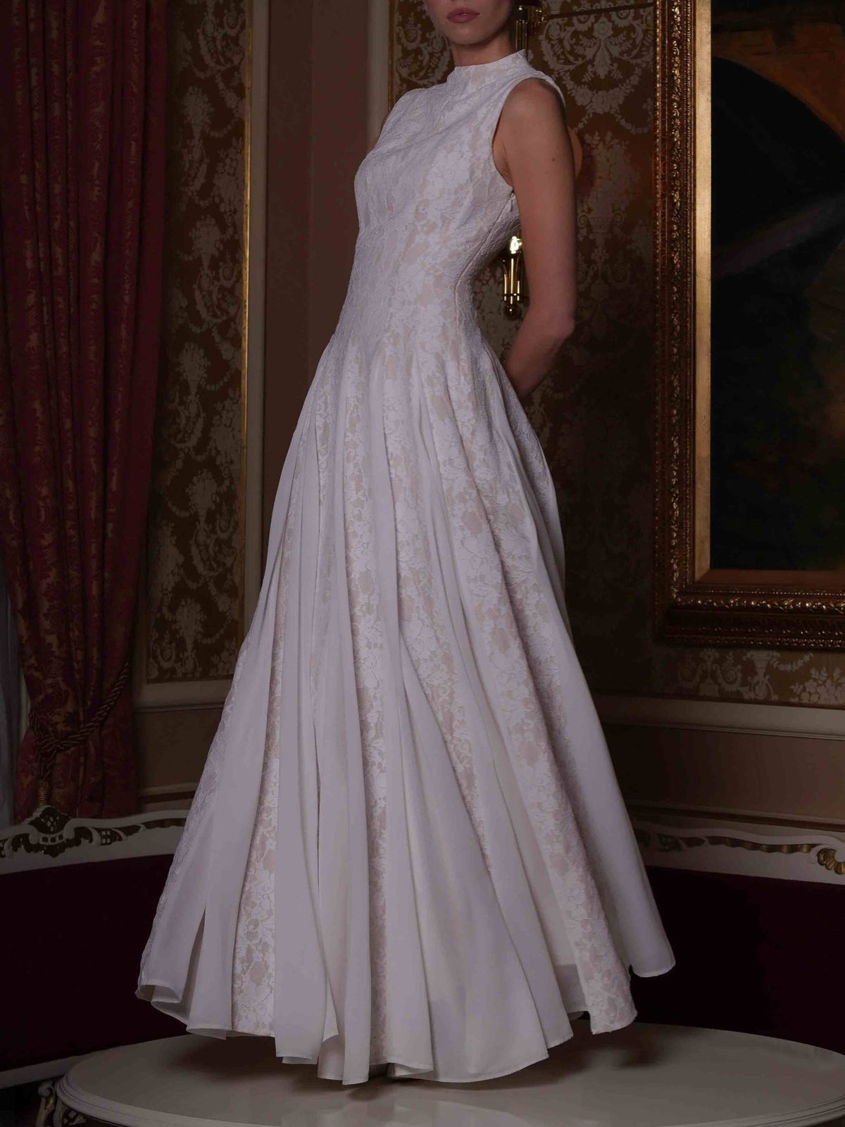 Elegant High Neck Lace Panel Maxi Dress