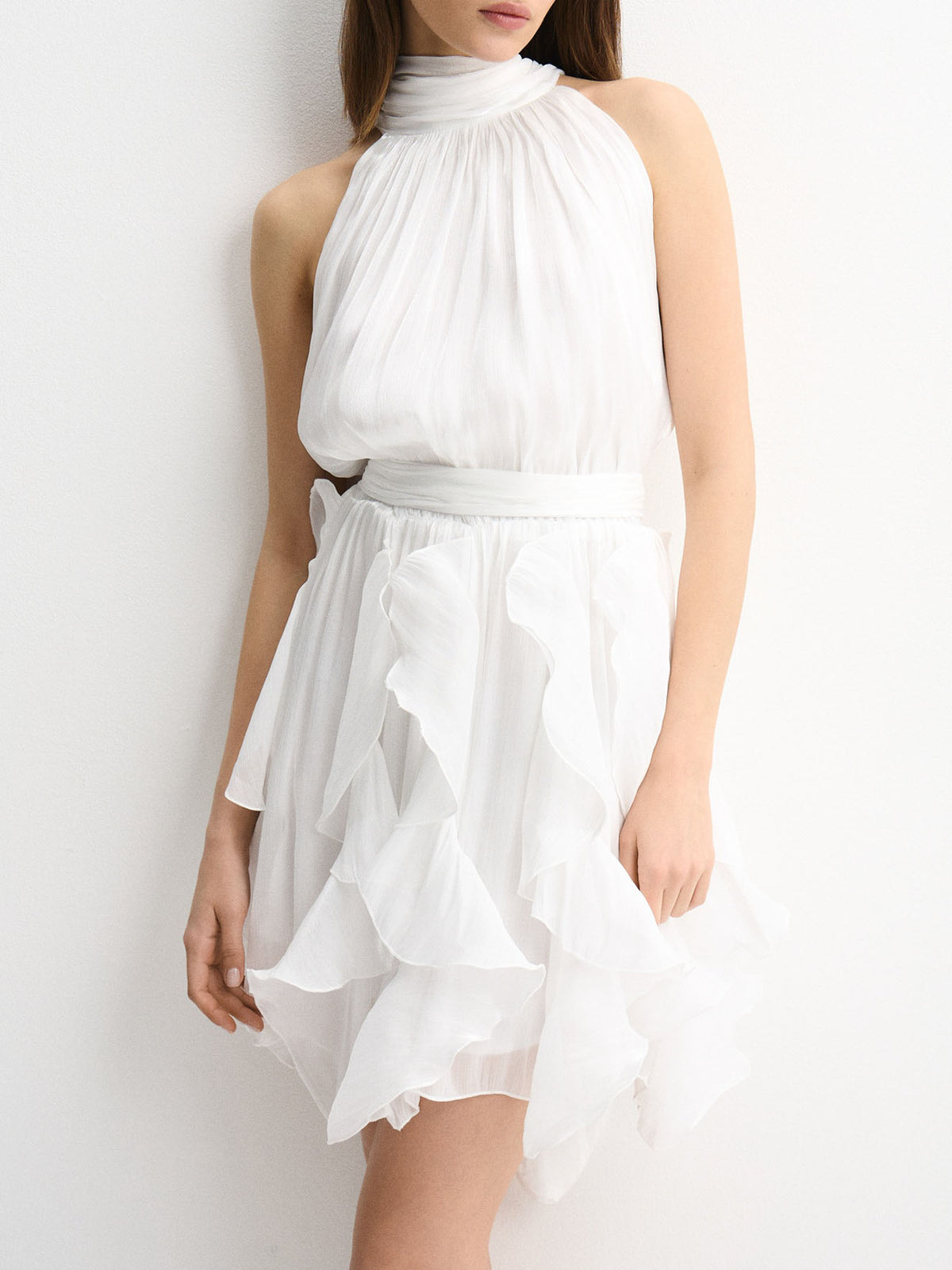 Elegant Shimmer Ruched Tiered Ruffle Mini Dress