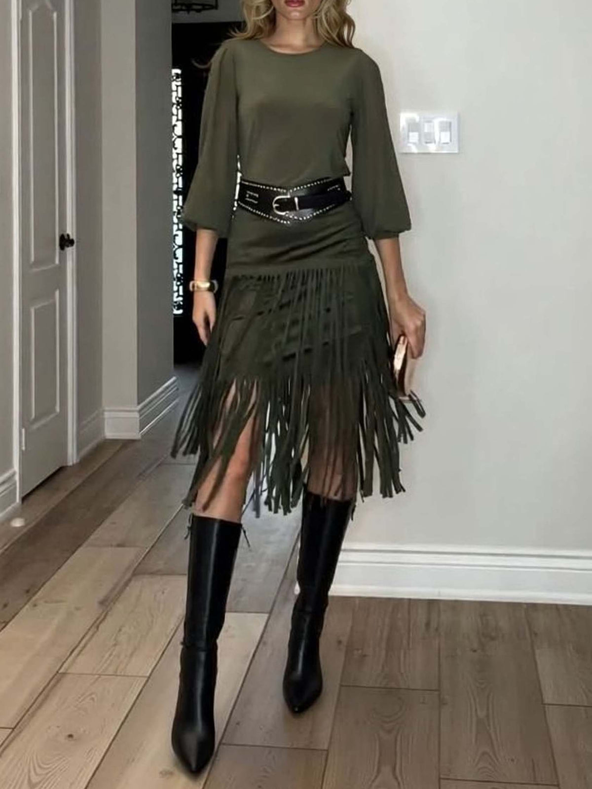 Elegant High-waisted Tassel Skirt Two-piece Set