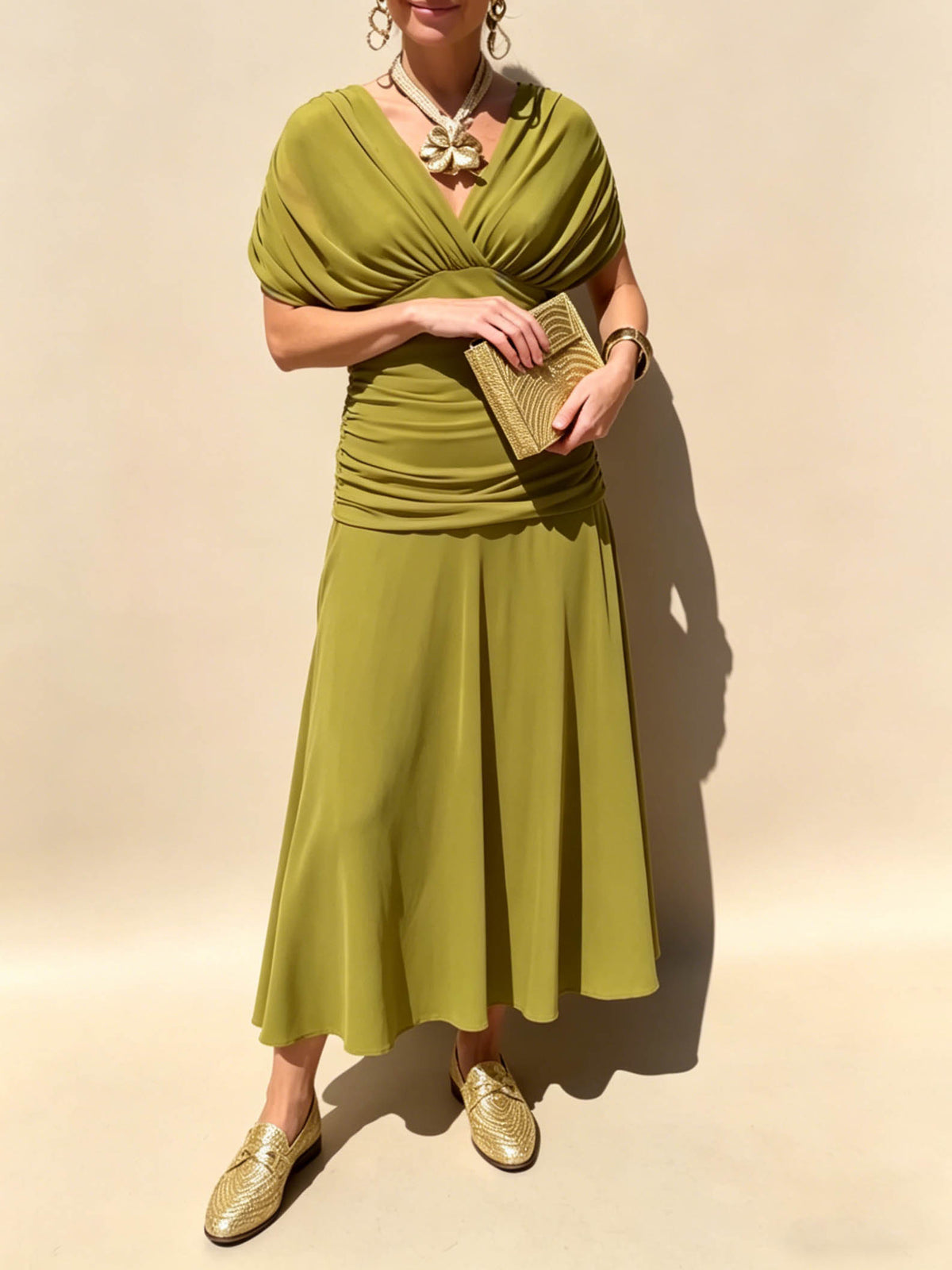 Elegant V-Neck Pleated Flowing Maxi Dress