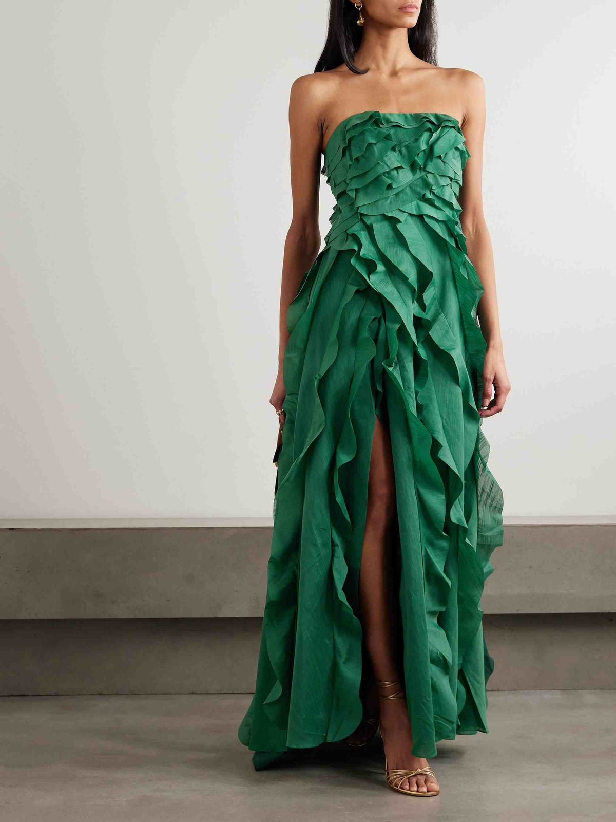 Cascading Ruffle Strapless High Slit Maxi Dress
