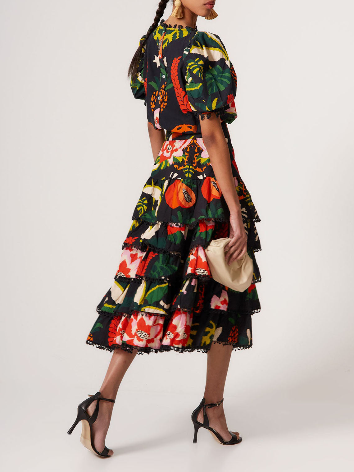 Elegant Tropical Print Puff Sleeve Ruffle Two-Piece Set