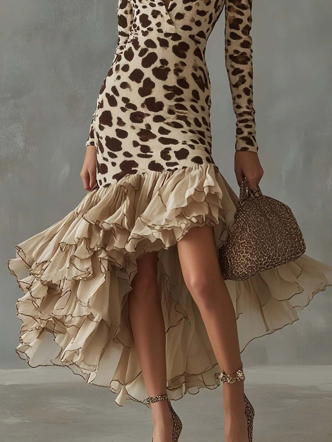 Ruffled V-neck Printed Maxi Dress