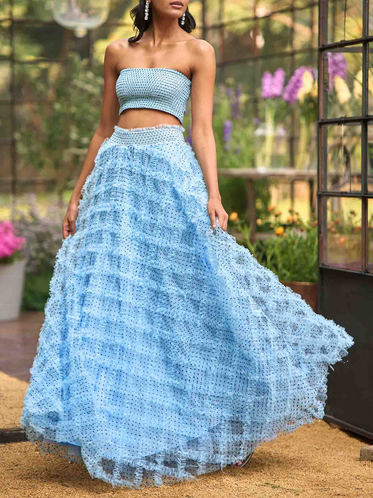 Elegant Polka Dot Sheer Tulle Off-Shoulder Bandeau Top & Puff Skirt Set