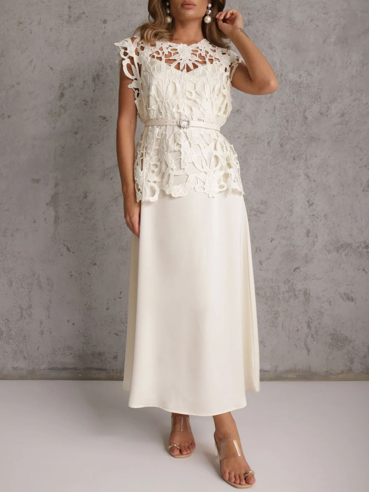 Elegant Cutout Lace Top & Satin Dress Two-Piece Set