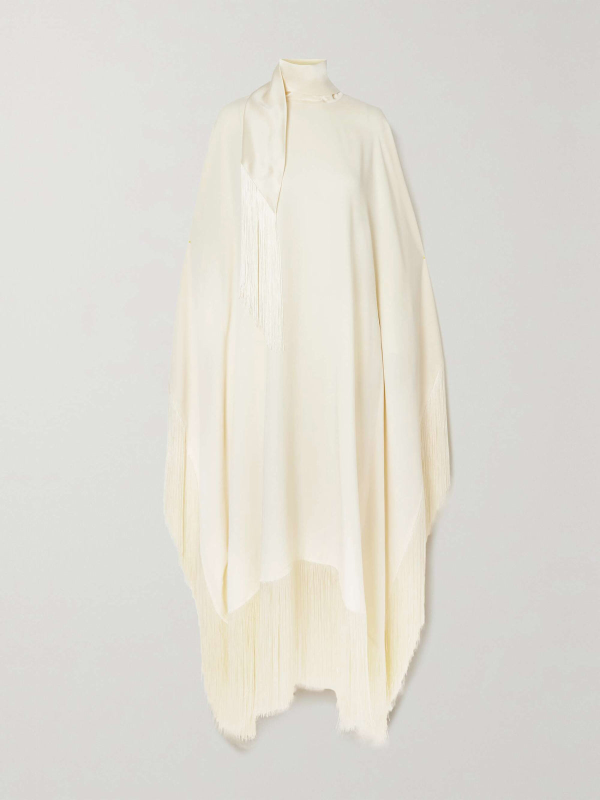 Elegant High-Neck Fringe Trim Asymmetrical Maxi Dress