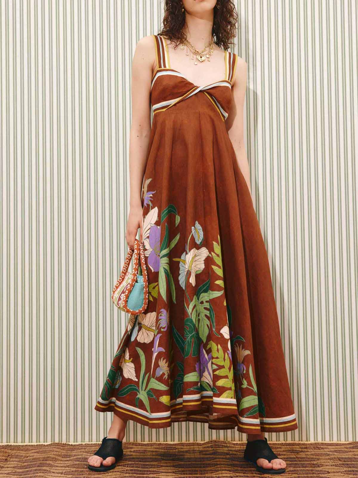 Elegant Botanical Print Strappy Maxi Dress