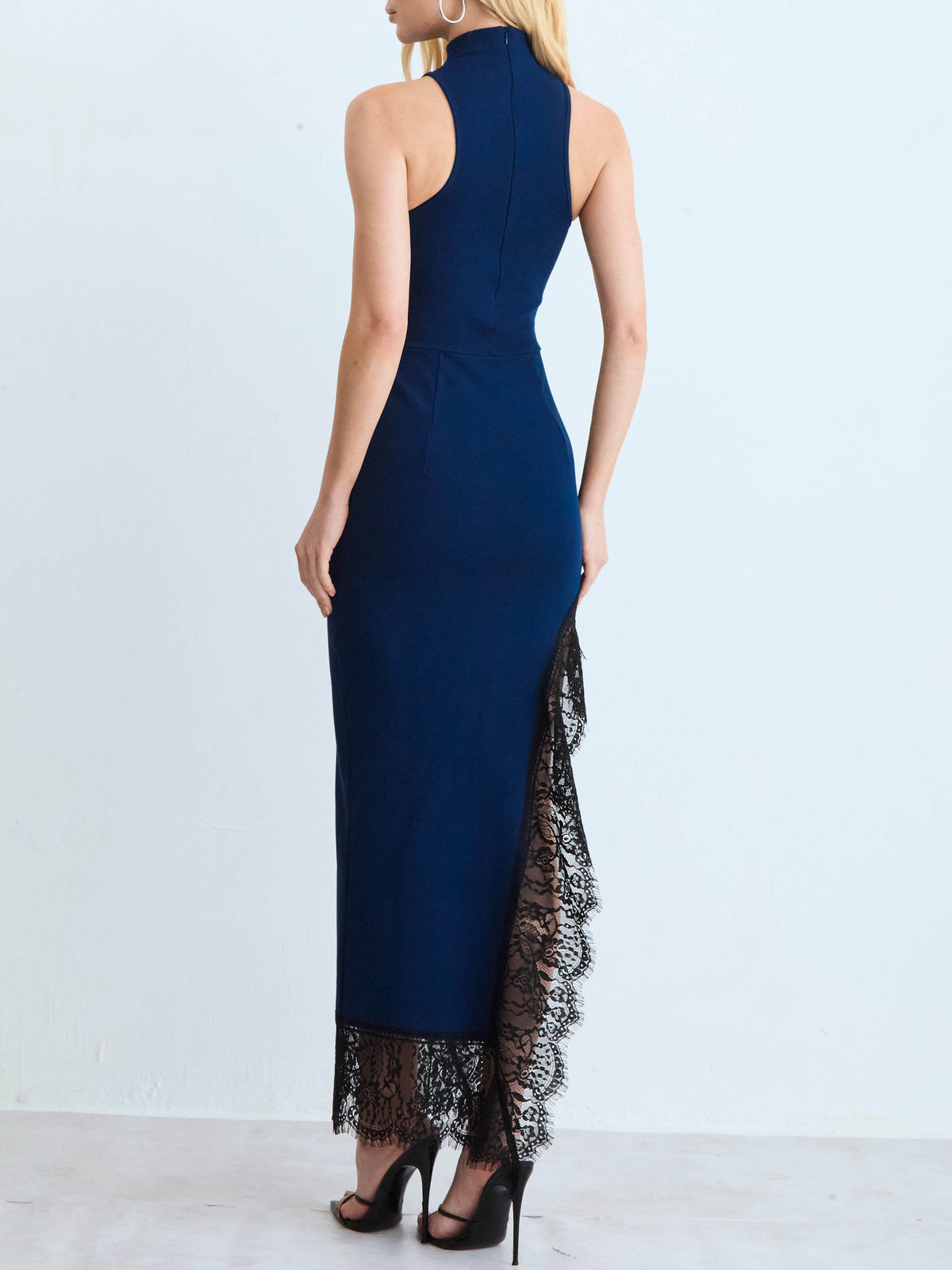 Elegant Halter Lace Trim Asymmetrical Midi Dress