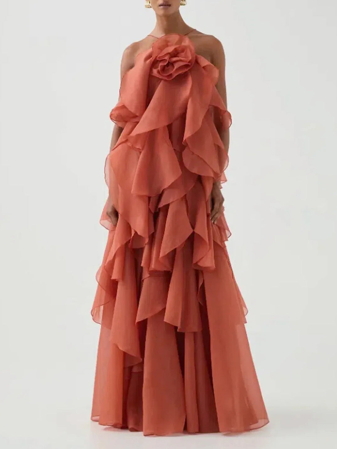 Elegant 3D Flower Ruffle Halter Maxi Dress