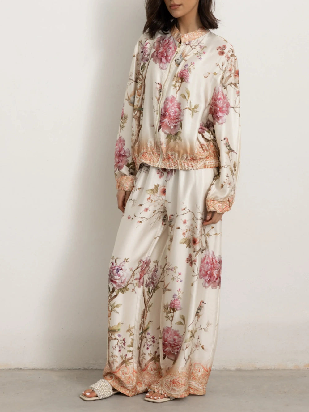 Elegant Floral Bird Print Shirt& Wide Leg Pants Set