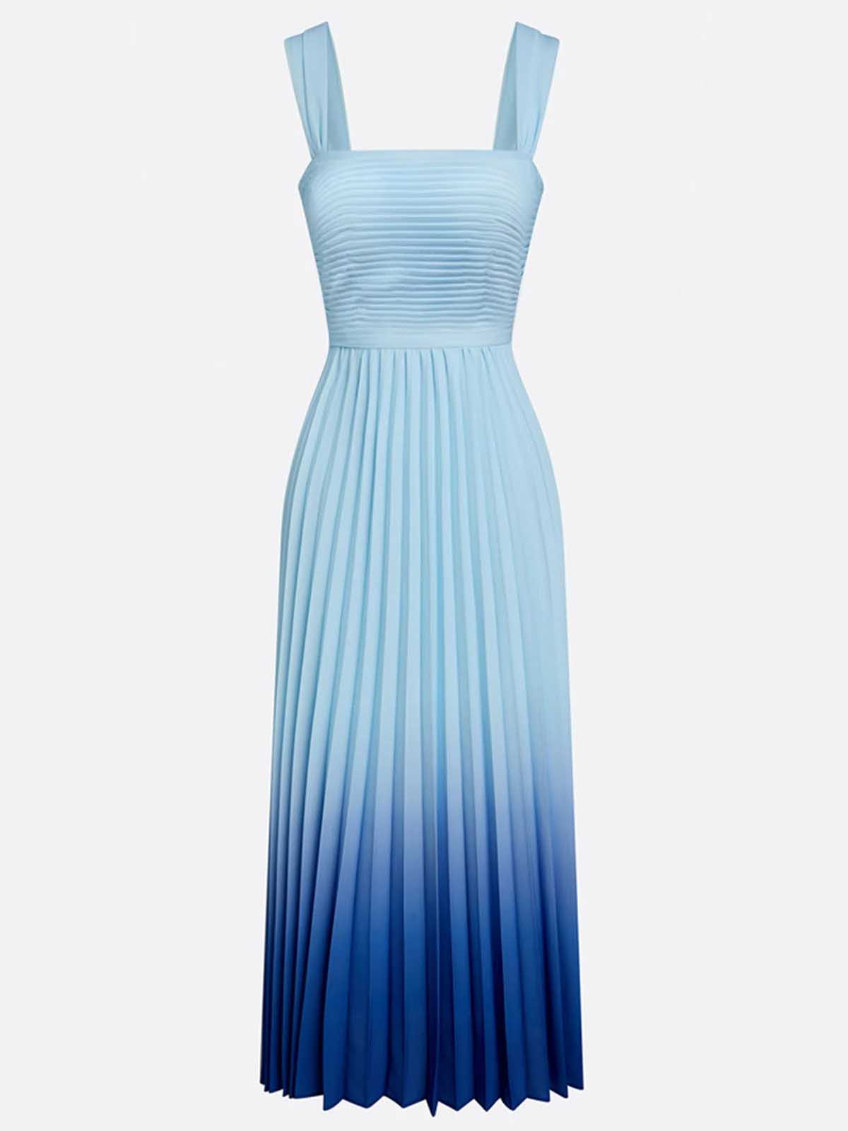 Elegant Gradient Pleated Square Neck A-Line Midi Dress