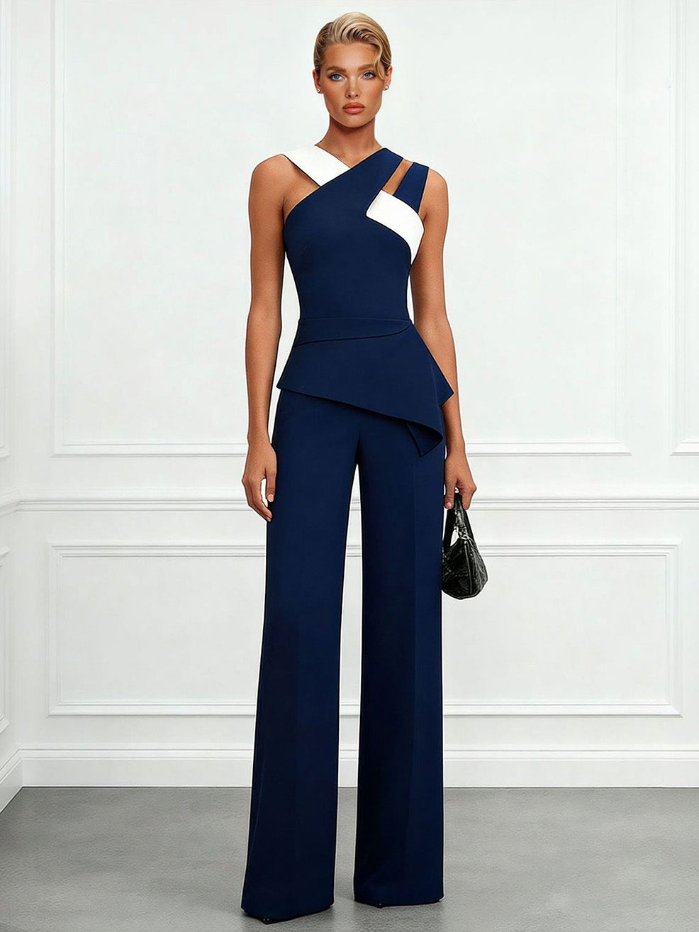 Elegant Colorblock Asymmetric Top & Wide-Leg Pants Two-Piece Set