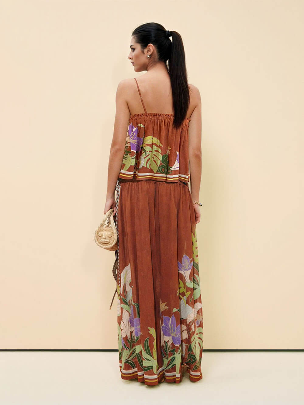 Delicate Ruffle Printed Ruched Adjustable Straps Camisole Top