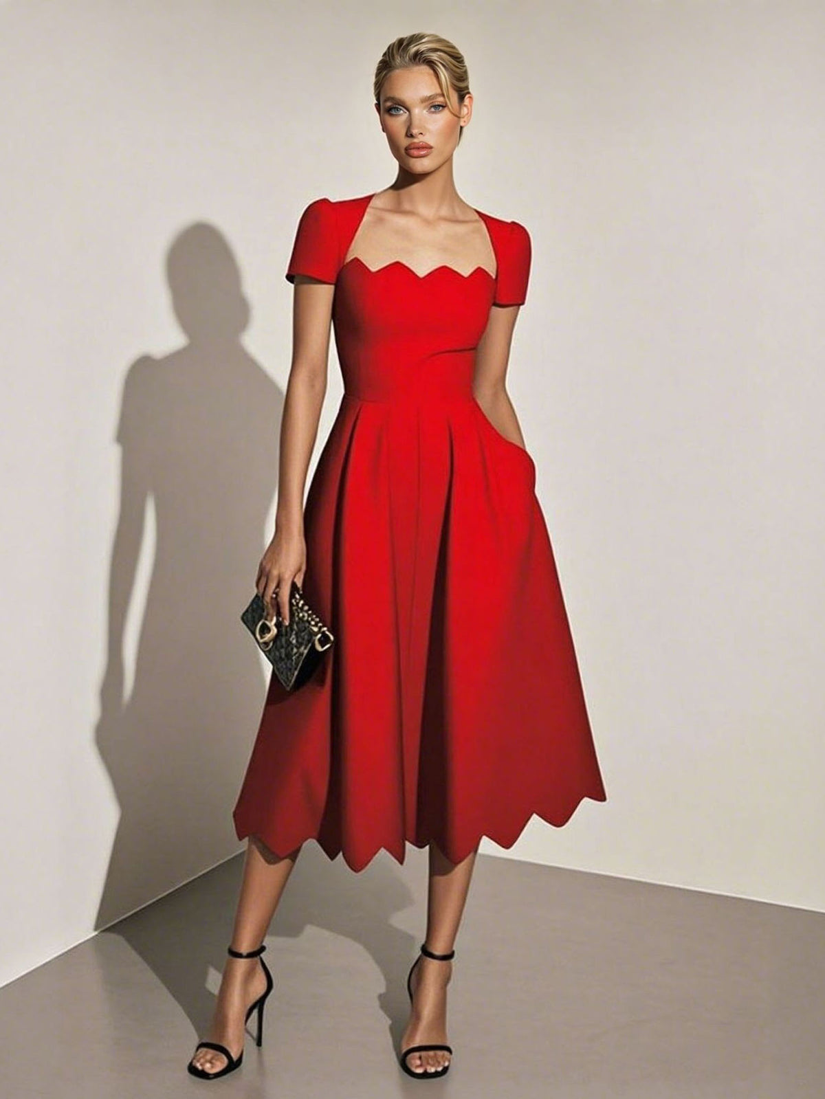 Elegant Wavy Hem A-Line Midi Dress