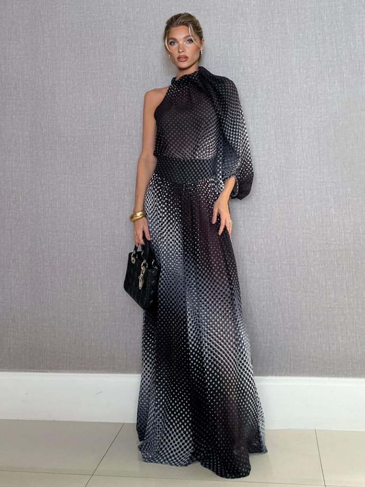 Elegant Gradient Polka Dot One-Shoulder Chiffon Two-Piece Set