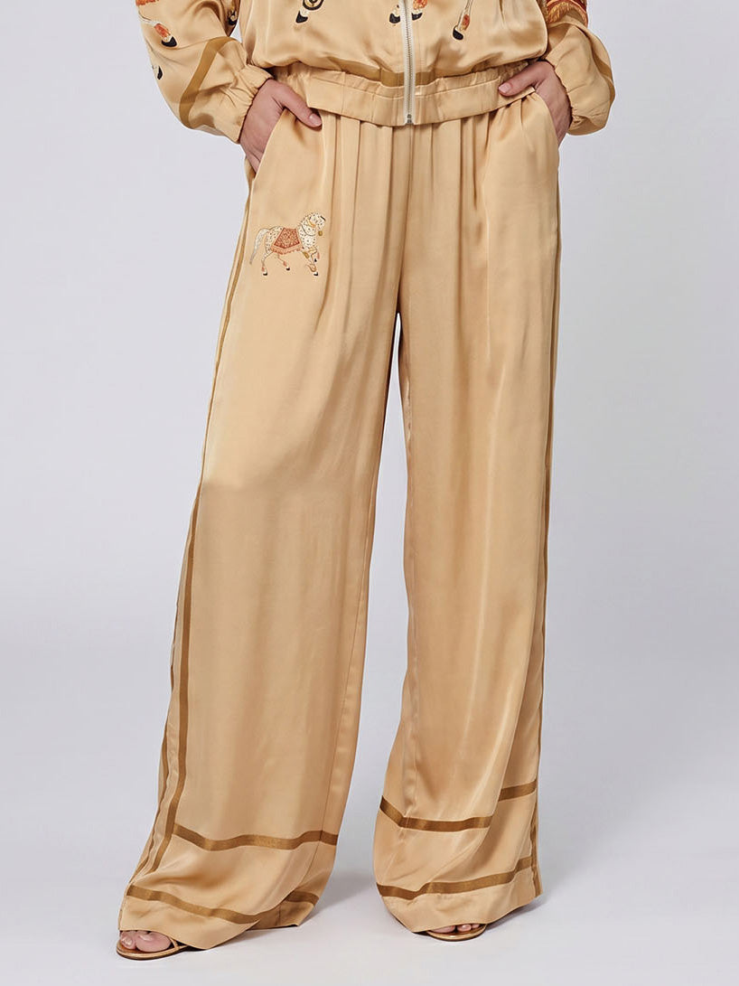 Exquisite Satin Horse Print Wide-Leg Pants
